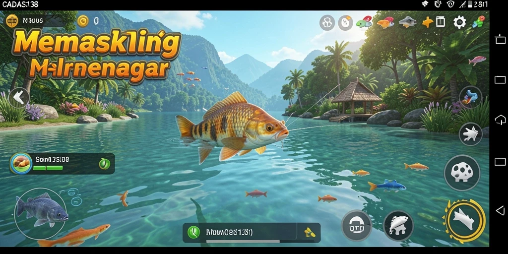 Tampilan gameplay CADAS138 saat menangkap ikan di lautan yang indah.