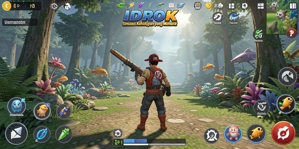 Tangkapan layar game IDROK yang menunjukkan aksinya dalam simulasi kehidupan.